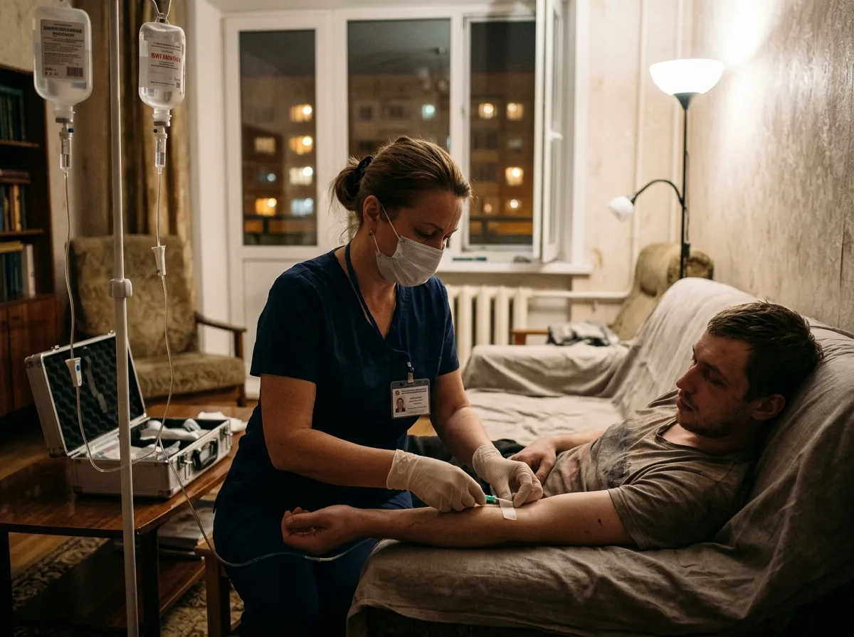 Врач-нарколог ставит капельницу пациенту на дому в Екатеринбурге, ночное время, профессиональная медицинская обстановка, мягкое освещение