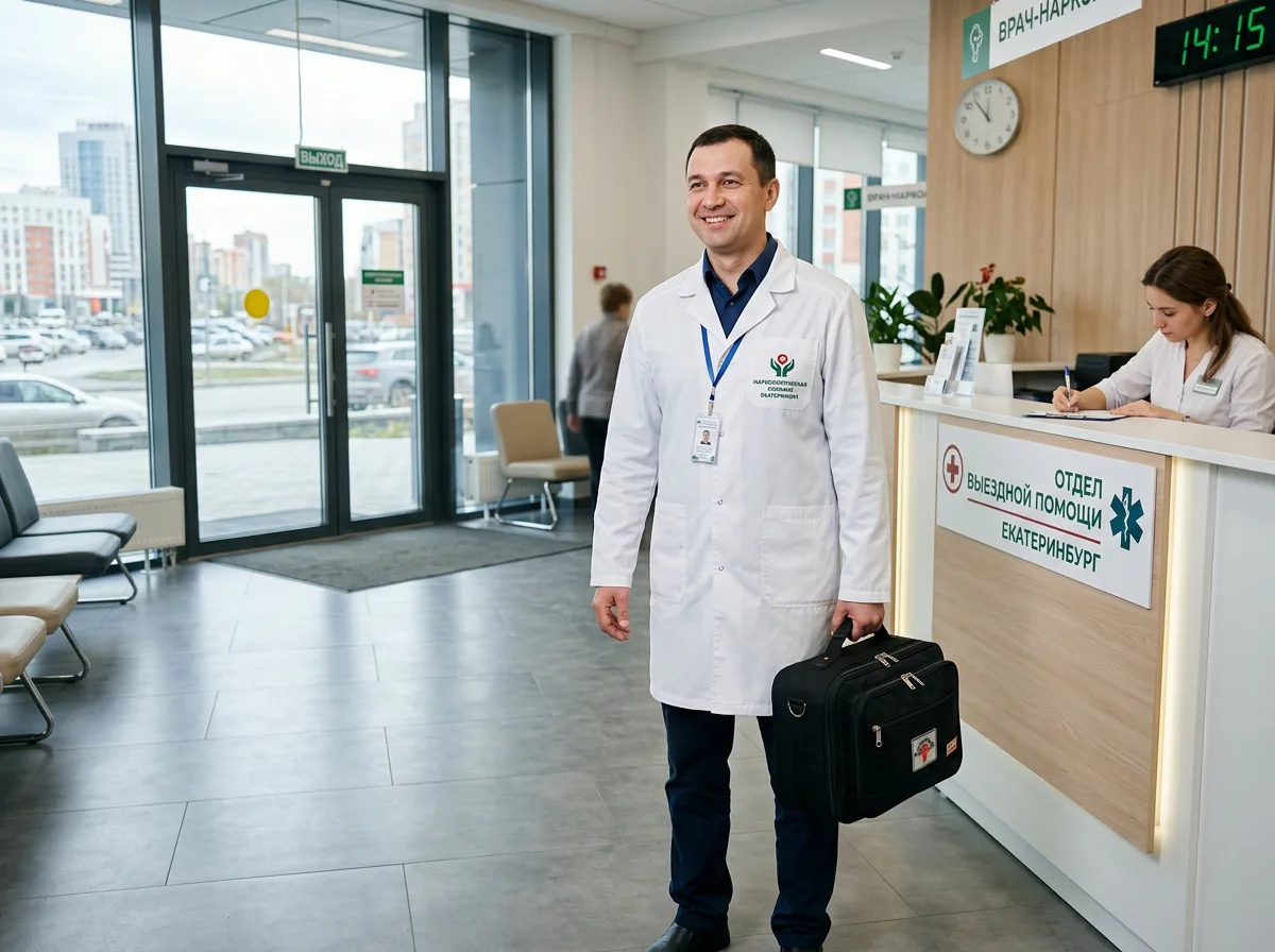 Врач-нарколог в белом халате с медицинским чемоданчиком готовится к выезду на дом в Екатеринбурге, доброжелательный и профессиональный вид, современный медицинский интерьер